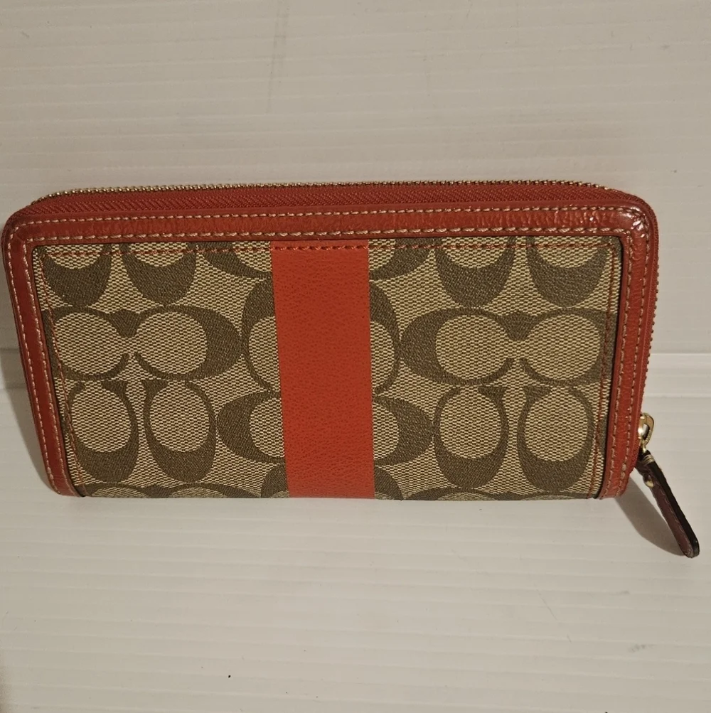 Coach Heritage Signature Stripe Zip Around Accordion Leather